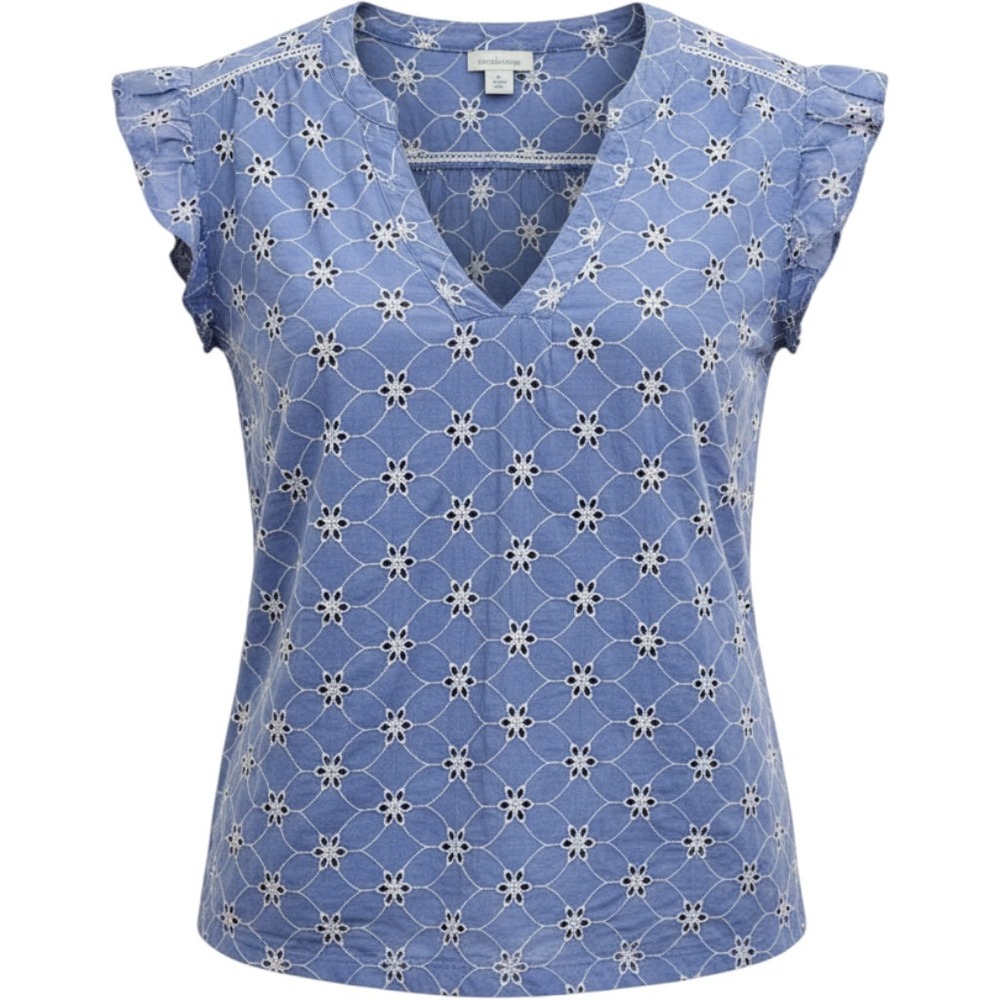 Sundance Blue Floral Eyelet Ruffle Sleeve V-Neck Cotton Blouse Cottagecore Boho